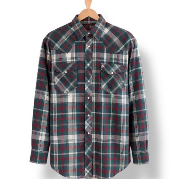 Vintage 90s Wrangler Western Pearl Snap Flannel Shirt 2XLT Tall Plaid Burgundy - Picture 1 of 8